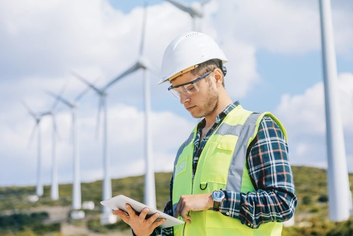 Lone worker wearing protective gear on tablet device in remote wind farm